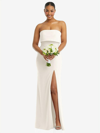 【STYLE: 3115】Strapless Overlay Bodice Crepe Maxi Dress with Front Slit【COLOR: Ivory】