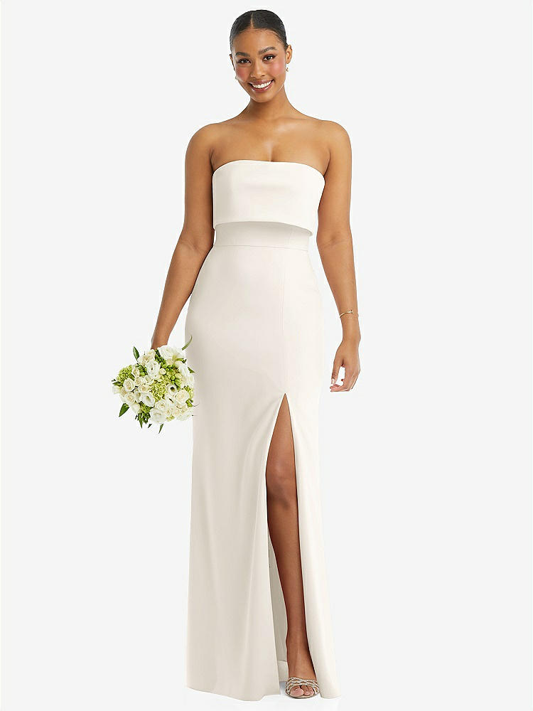 【STYLE: 3115】Strapless Overlay Bodice Crepe Maxi Dress with Front Slit【COLOR: Ivory】