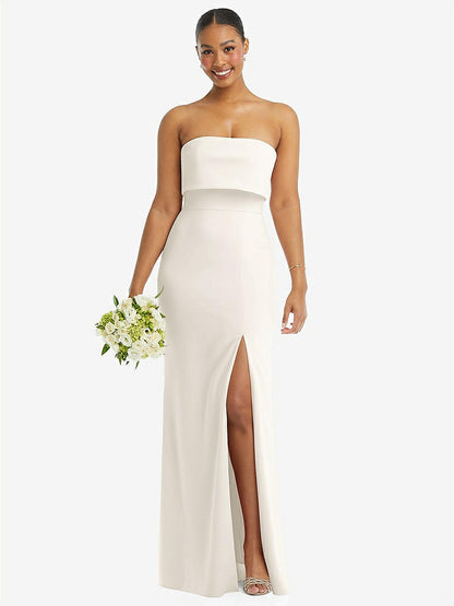 【STYLE: 3115】Strapless Overlay Bodice Crepe Maxi Dress with Front Slit【COLOR: Ivory】