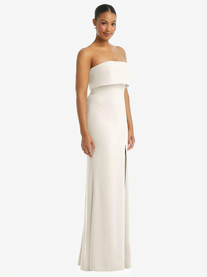 【STYLE: 3115】Strapless Overlay Bodice Crepe Maxi Dress with Front Slit【COLOR: Ivory】