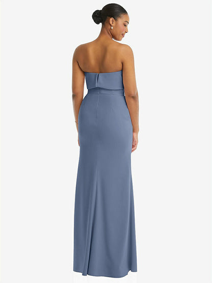 【NEW】【STYLE: 3115】ストラップレス オーバーレイ ボディス クレープ マキシ ドレス 前面 スリット【COLOR: Larkspur Blue】【SIZE: 00-18W】