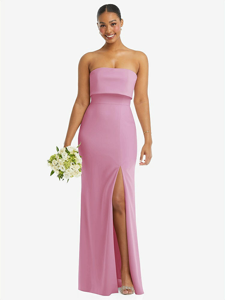 【NEW】【STYLE: 3115】ストラップレス オーバーレイ ボディス クレープ マキシ ドレス 前面 スリット【COLOR: Powder Pink】【SIZE: 00-18W】