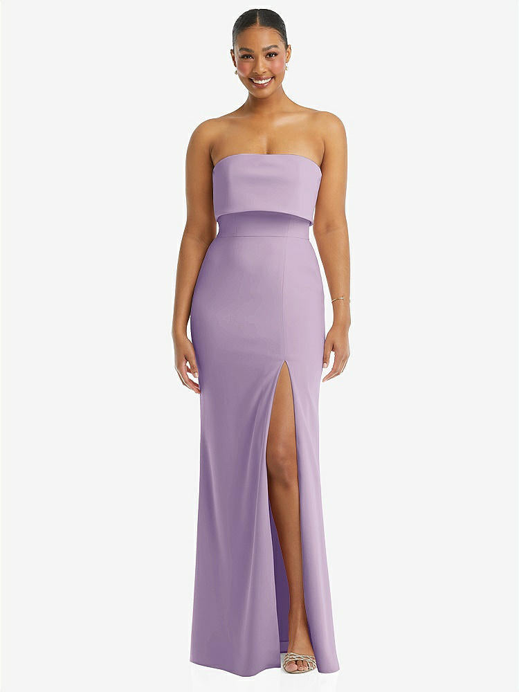 【NEW】【STYLE: 3115】ストラップレス オーバーレイ ボディス クレープ マキシ ドレス 前面 スリット【COLOR: Pale Purple】【SIZE: 00-18W】