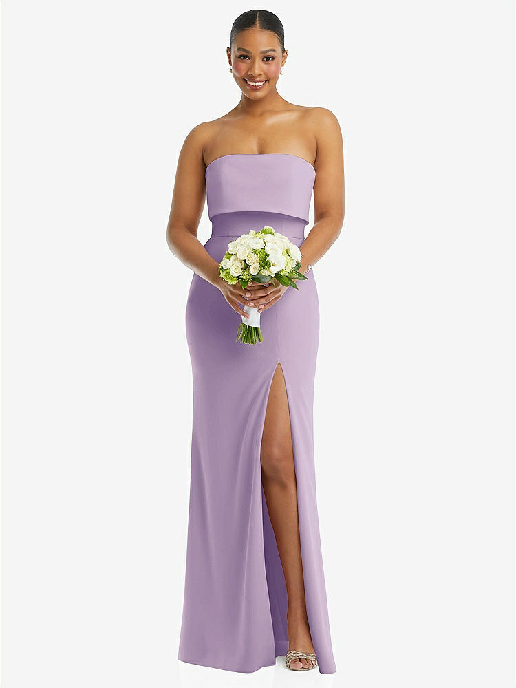 【NEW】【STYLE: 3115】ストラップレス オーバーレイ ボディス クレープ マキシ ドレス 前面 スリット【COLOR: Pale Purple】【SIZE: 00-18W】