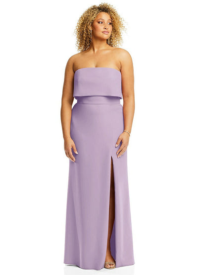 【NEW】【STYLE: 3115】ストラップレス オーバーレイ ボディス クレープ マキシ ドレス 前面 スリット【COLOR: Pale Purple】【SIZE: 00-18W】