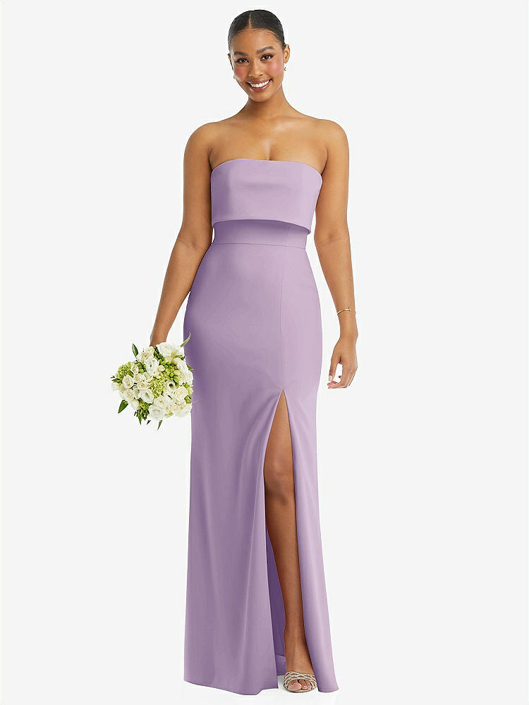【NEW】【STYLE: 3115】ストラップレス オーバーレイ ボディス クレープ マキシ ドレス 前面 スリット【COLOR: Pale Purple】【SIZE: 00-18W】