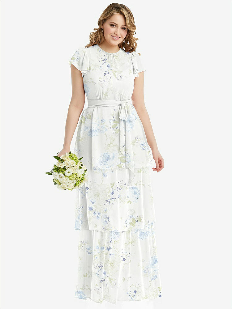 【STYLE: 3116】Flutter Sleeve Jewel Neck Chiffon Maxi Dress with Tiered Ruffle Skirt【COLOR: Bleu Garden】