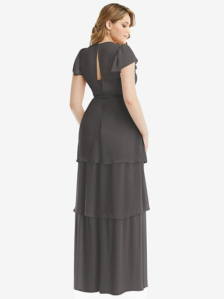 【NEW】【STYLE: 3116】フラッター スリーブ ジュエル 首 シフォン マキシ ドレス ティア ラッフル スカート【COLOR: Caviar Gray】【SIZE: 00-30W】