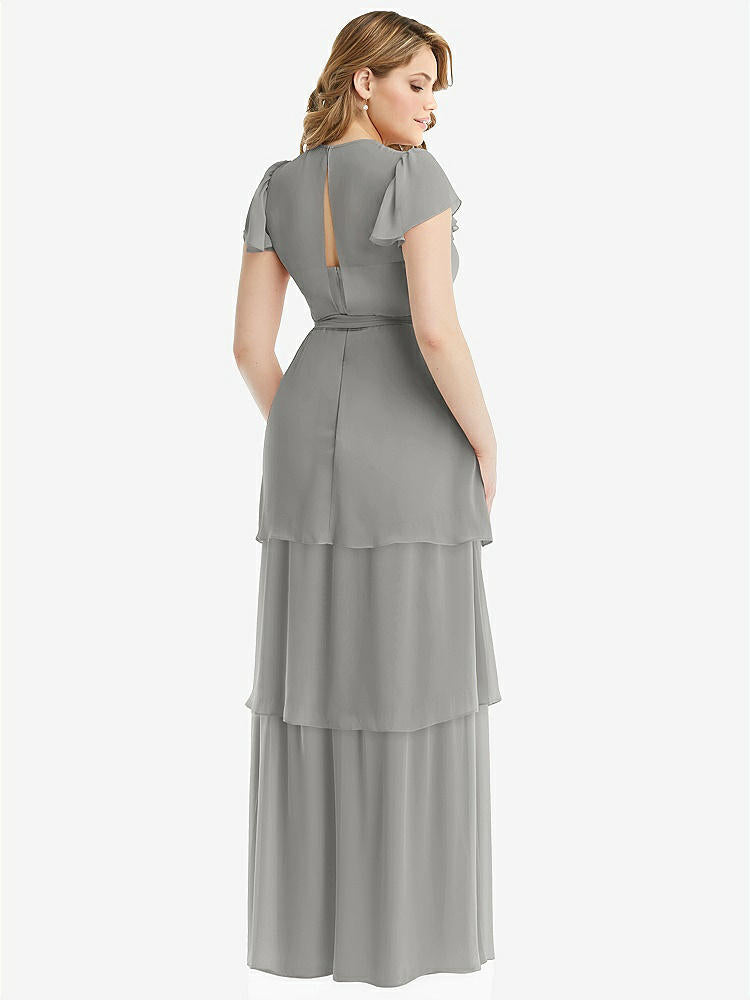 【NEW】【STYLE: 3116】フラッター スリーブ ジュエル 首 シフォン マキシ ドレス ティア ラッフル スカート【COLOR: Chelsea Gray】【SIZE: 00-30W】