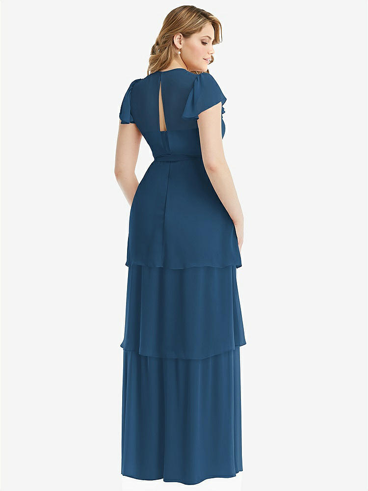【NEW】【STYLE: 3116】フラッター スリーブ ジュエル 首 シフォン マキシ ドレス ティア ラッフル スカート【COLOR: Dusk Blue】【SIZE: 00-30W】