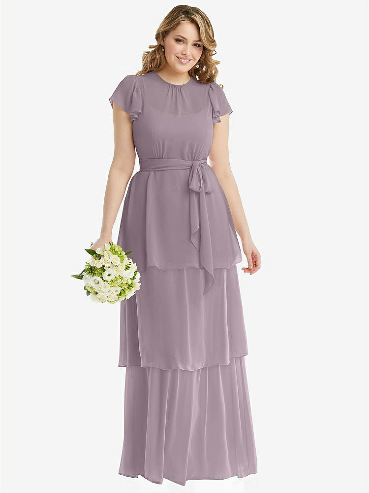【NEW】【STYLE: 3116】フラッター スリーブ ジュエル 首 シフォン マキシ ドレス ティア ラッフル スカート【COLOR: Lilac Dusk】【SIZE: 00-30W】
