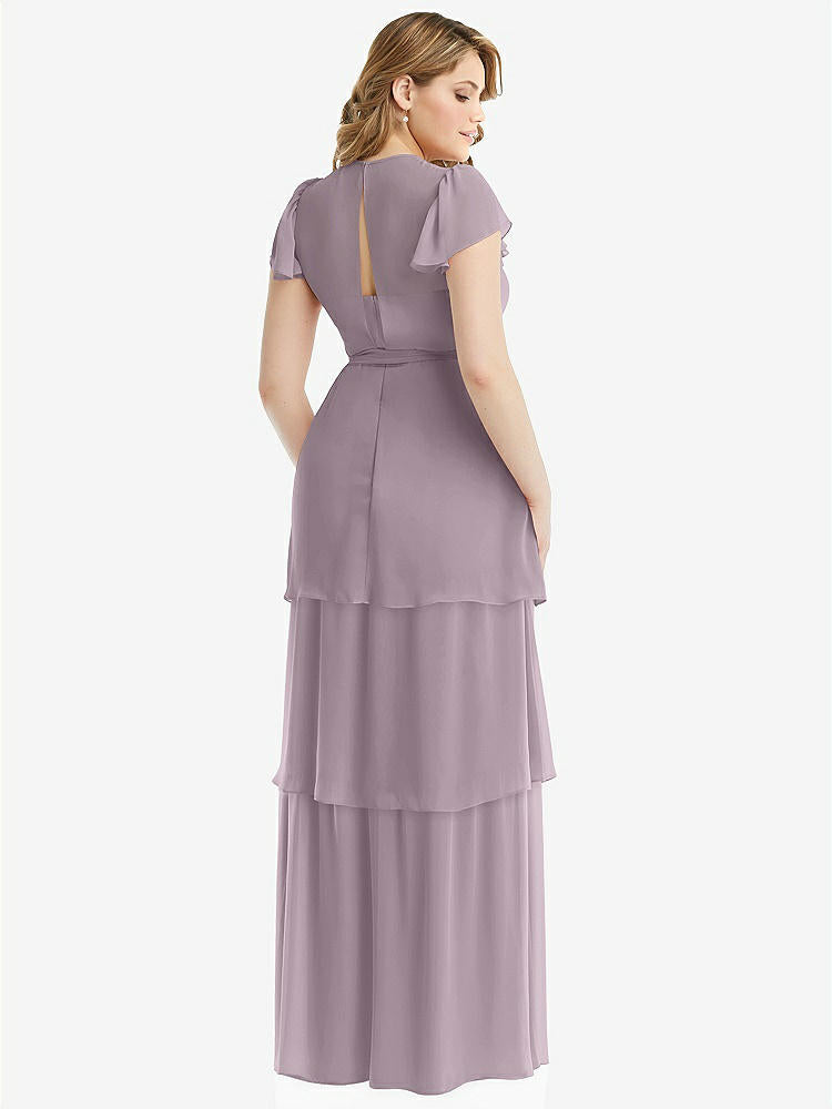【NEW】【STYLE: 3116】フラッター スリーブ ジュエル 首 シフォン マキシ ドレス ティア ラッフル スカート【COLOR: Lilac Dusk】【SIZE: 00-30W】