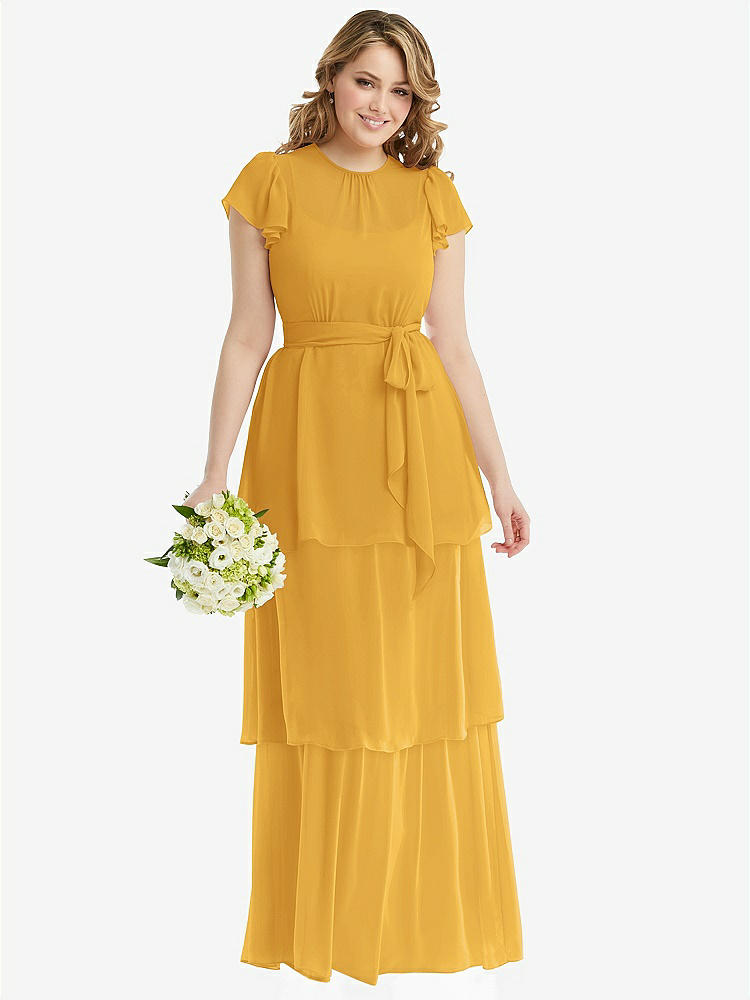 【NEW】【STYLE: 3116】フラッター スリーブ ジュエル 首 シフォン マキシ ドレス ティア ラッフル スカート【COLOR: NYC Yellow】【SIZE: 00-30W】