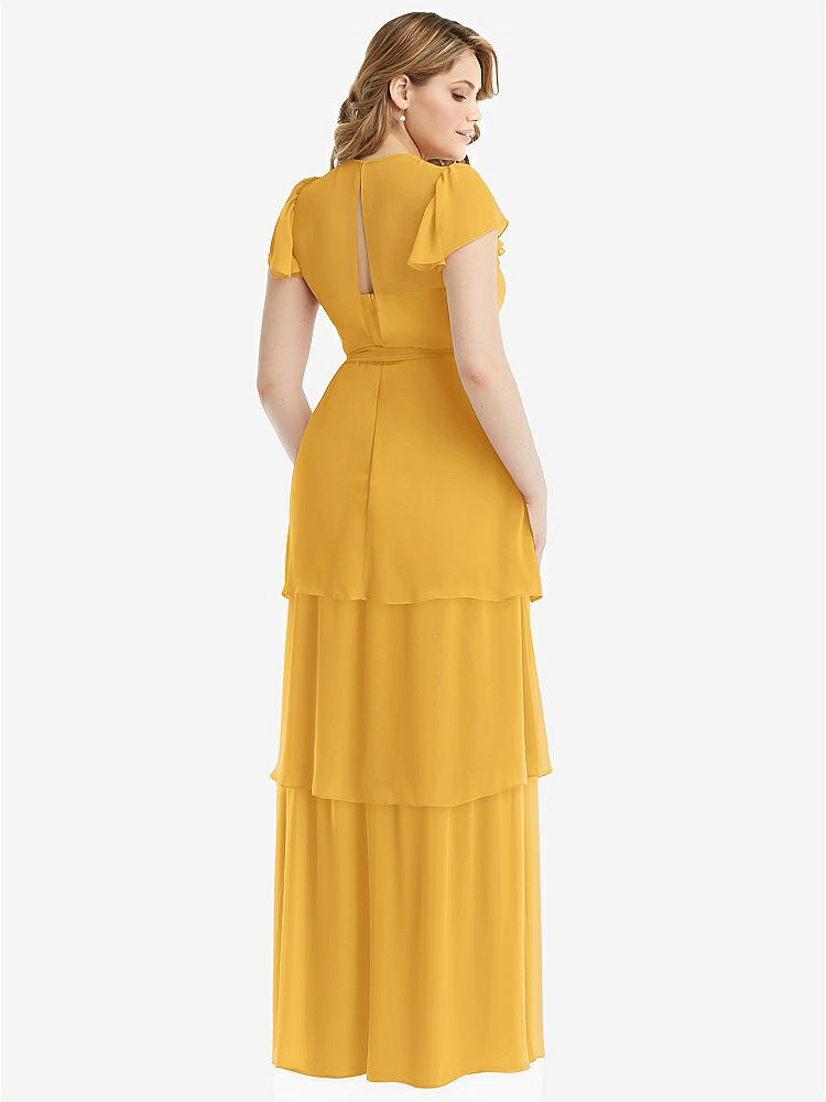【NEW】【STYLE: 3116】フラッター スリーブ ジュエル 首 シフォン マキシ ドレス ティア ラッフル スカート【COLOR: NYC Yellow】【SIZE: 00-30W】