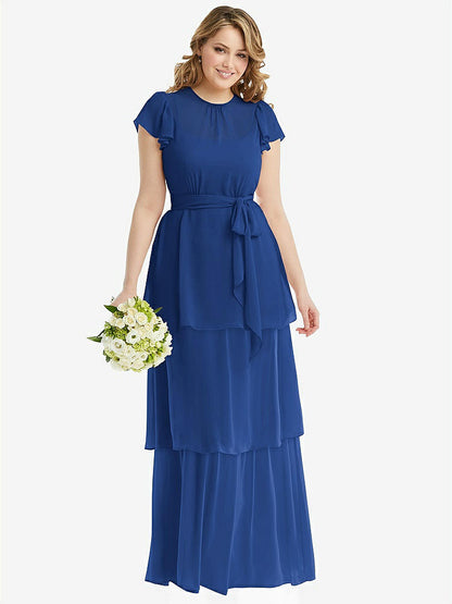 【NEW】【STYLE: 3116】フラッター スリーブ ジュエル 首 シフォン マキシ ドレス ティア ラッフル スカート【COLOR: Classic Blue】【SIZE: 00-30W】