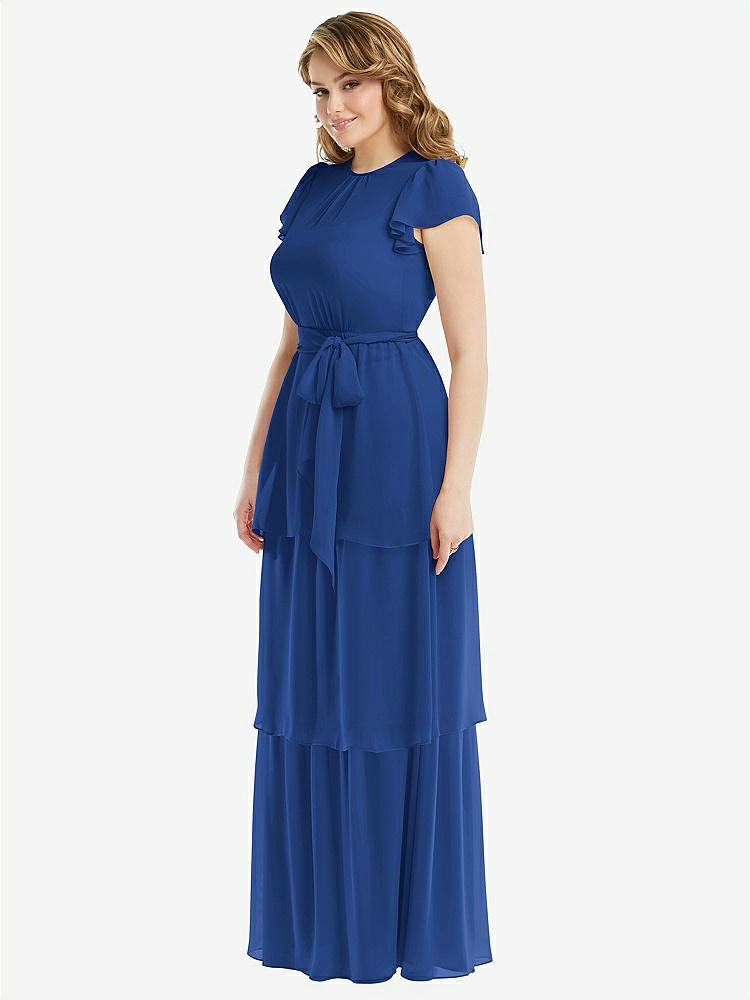 【NEW】【STYLE: 3116】フラッター スリーブ ジュエル 首 シフォン マキシ ドレス ティア ラッフル スカート【COLOR: Classic Blue】【SIZE: 00-30W】