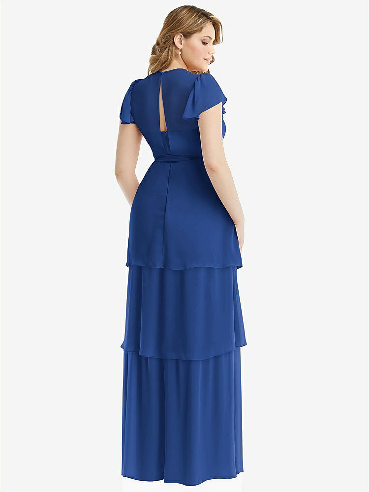 【NEW】【STYLE: 3116】フラッター スリーブ ジュエル 首 シフォン マキシ ドレス ティア ラッフル スカート【COLOR: Classic Blue】【SIZE: 00-30W】