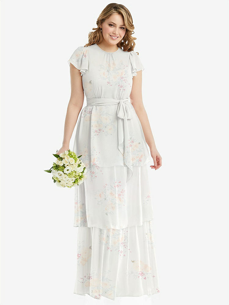 【STYLE: 3116】Flutter Sleeve Jewel Neck Chiffon Maxi Dress with Tiered Ruffle Skirt【COLOR: Spring Fling】