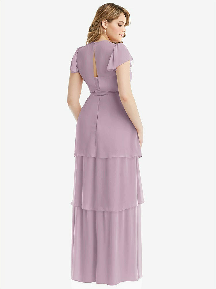 【NEW】【STYLE: 3116】フラッター スリーブ ジュエル 首 シフォン マキシ ドレス ティア ラッフル スカート【COLOR: Suede Rose】【SIZE: 00-30W】