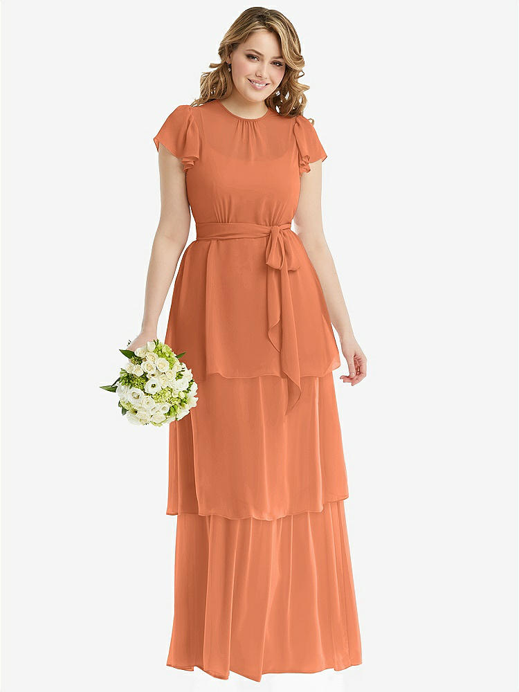【STYLE: 3116】Flutter Sleeve Jewel Neck Chiffon Maxi Dress with Tiered Ruffle Skirt【COLOR: Sweet Melon】