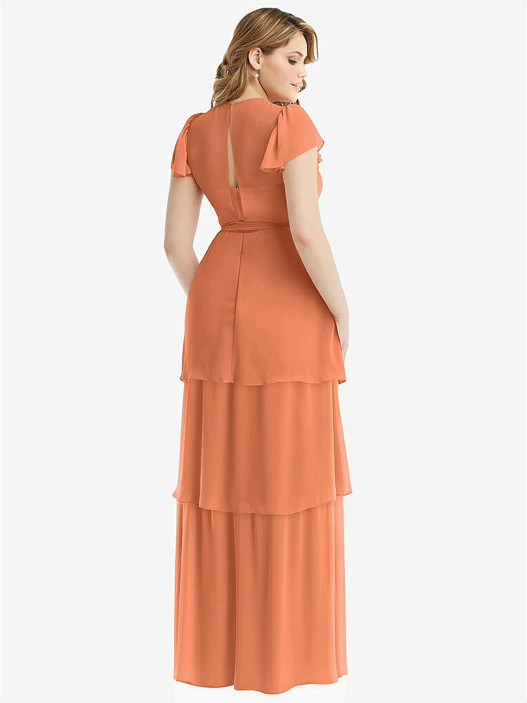 【STYLE: 3116】Flutter Sleeve Jewel Neck Chiffon Maxi Dress with Tiered Ruffle Skirt【COLOR: Sweet Melon】