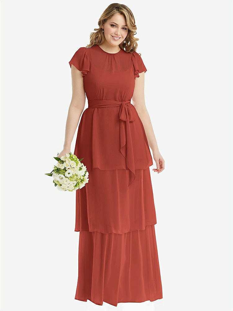 【STYLE: 3116】Flutter Sleeve Jewel Neck Chiffon Maxi Dress with Tiered Ruffle Skirt【COLOR: Amber Sunset】