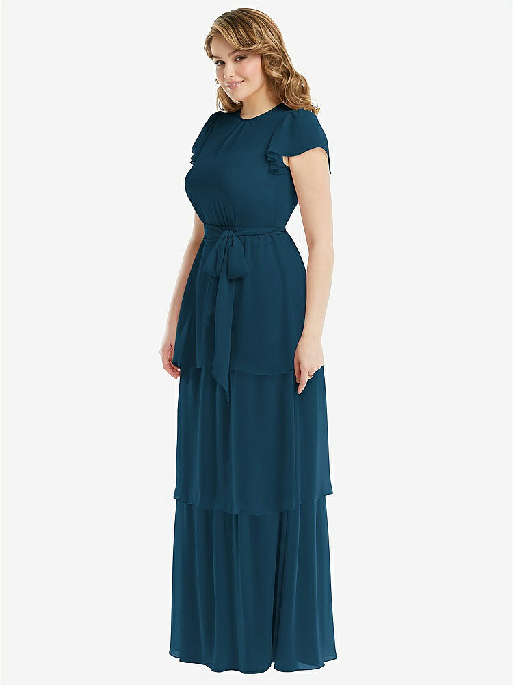 【NEW】【STYLE: 3116】フラッター スリーブ ジュエル 首 シフォン マキシ ドレス ティア ラッフル スカート【COLOR: Atlantic Blue】【SIZE: 00-30W】