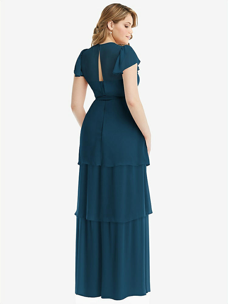 【NEW】【STYLE: 3116】フラッター スリーブ ジュエル 首 シフォン マキシ ドレス ティア ラッフル スカート【COLOR: Atlantic Blue】【SIZE: 00-30W】