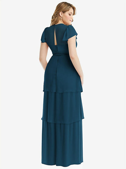 【NEW】【STYLE: 3116】フラッター スリーブ ジュエル 首 シフォン マキシ ドレス ティア ラッフル スカート【COLOR: Atlantic Blue】【SIZE: 00-30W】