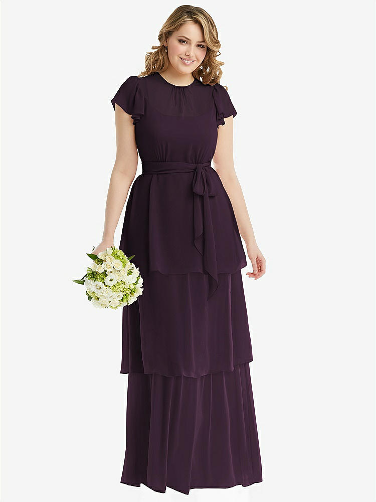 【NEW】【STYLE: 3116】フラッター スリーブ ジュエル 首 シフォン マキシ ドレス ティア ラッフル スカート【COLOR: Aubergine】【SIZE: 00-30W】