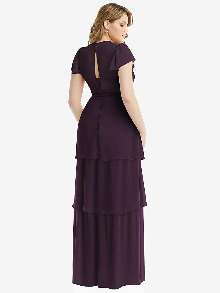 【NEW】【STYLE: 3116】フラッター スリーブ ジュエル 首 シフォン マキシ ドレス ティア ラッフル スカート【COLOR: Aubergine】【SIZE: 00-30W】