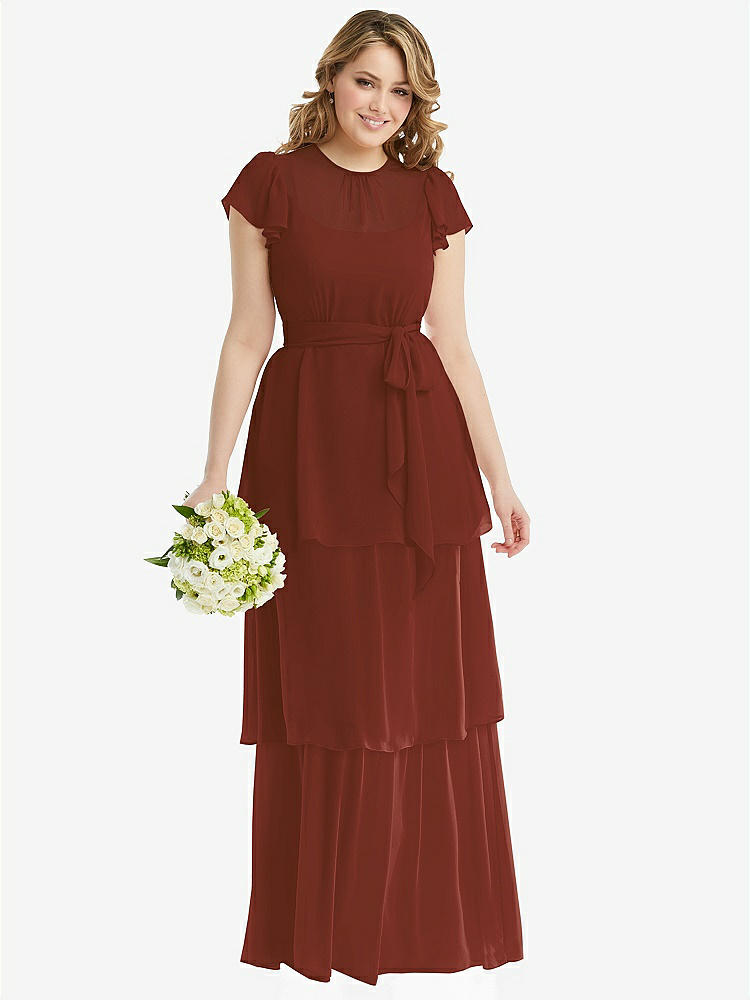 【STYLE: 3116】Flutter Sleeve Jewel Neck Chiffon Maxi Dress with Tiered Ruffle Skirt【COLOR: Auburn Moon】