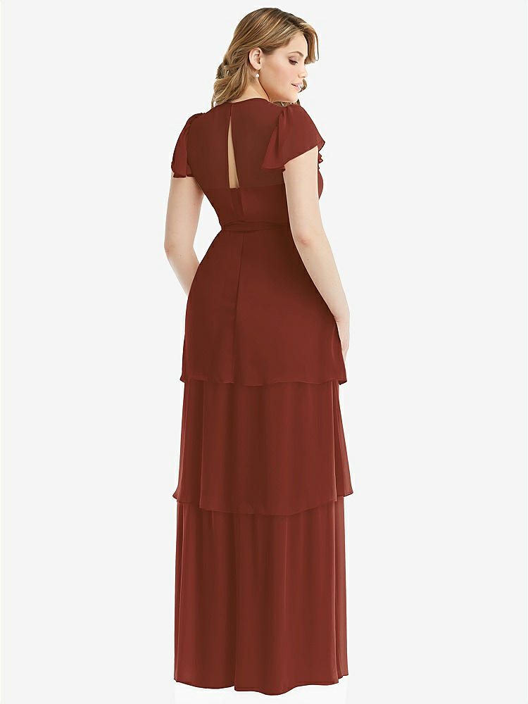 【STYLE: 3116】Flutter Sleeve Jewel Neck Chiffon Maxi Dress with Tiered Ruffle Skirt【COLOR: Auburn Moon】