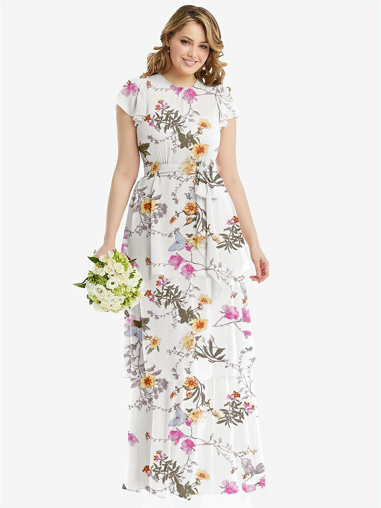 【STYLE: 3116】Flutter Sleeve Jewel Neck Chiffon Maxi Dress with Tiered Ruffle Skirt【COLOR: Butterfly Botanica Ivory】