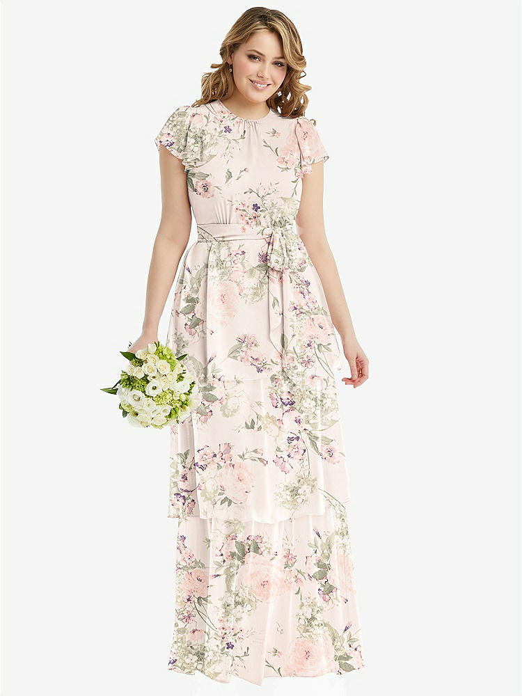 【STYLE: 3116】Flutter Sleeve Jewel Neck Chiffon Maxi Dress with Tiered Ruffle Skirt【COLOR: Blush Garden】