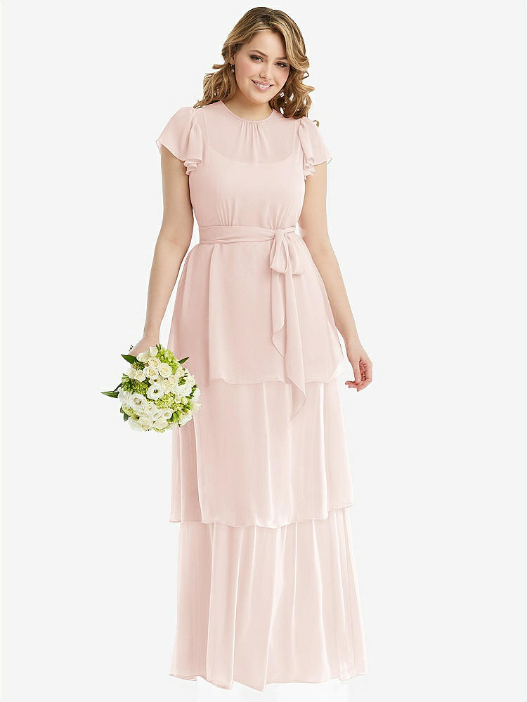 【NEW】【STYLE: 3116】フラッター スリーブ ジュエル 首 シフォン マキシ ドレス ティア ラッフル スカート【COLOR: Blush】【SIZE: 00-30W】