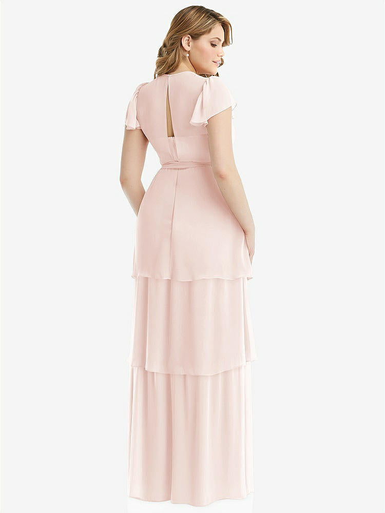 【NEW】【STYLE: 3116】フラッター スリーブ ジュエル 首 シフォン マキシ ドレス ティア ラッフル スカート【COLOR: Blush】【SIZE: 00-30W】