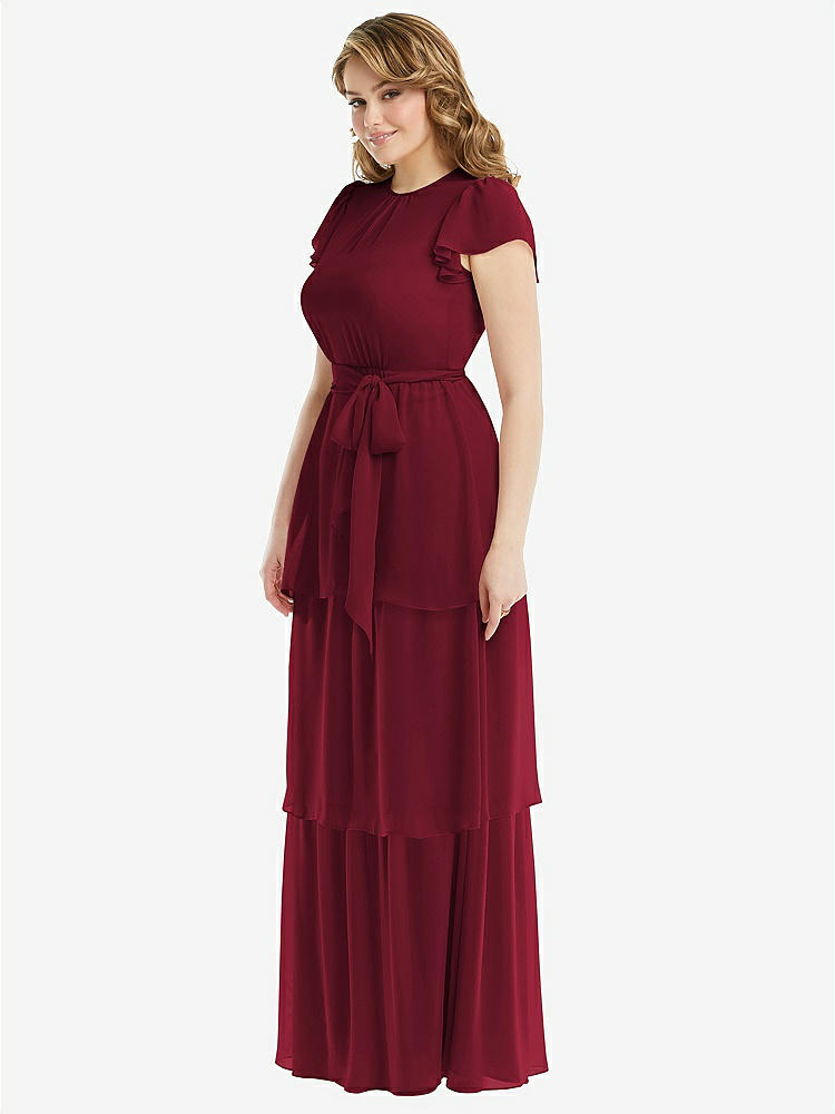 【NEW】【STYLE: 3116】フラッター スリーブ ジュエル 首 シフォン マキシ ドレス ティア ラッフル スカート【COLOR: Burgundy】【SIZE: 00-30W】