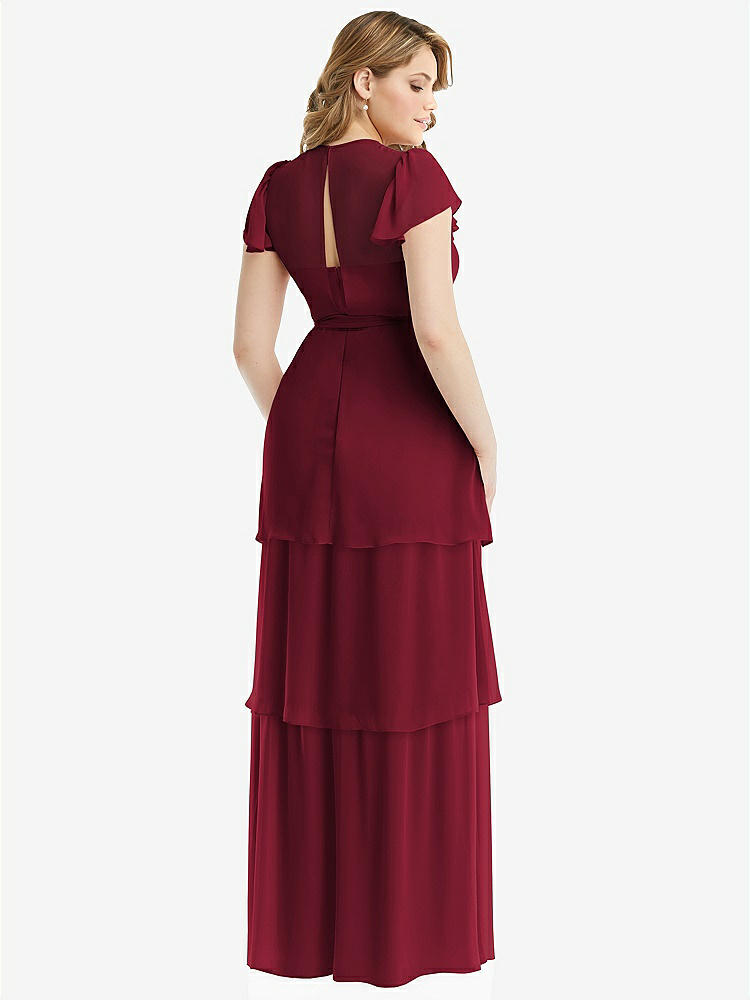 【NEW】【STYLE: 3116】フラッター スリーブ ジュエル 首 シフォン マキシ ドレス ティア ラッフル スカート【COLOR: Burgundy】【SIZE: 00-30W】