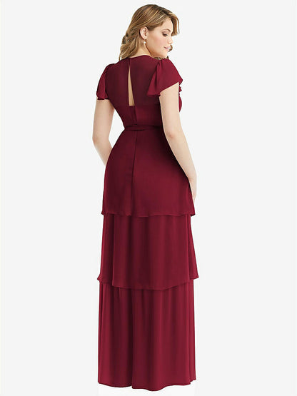 【NEW】【STYLE: 3116】フラッター スリーブ ジュエル 首 シフォン マキシ ドレス ティア ラッフル スカート【COLOR: Burgundy】【SIZE: 00-30W】