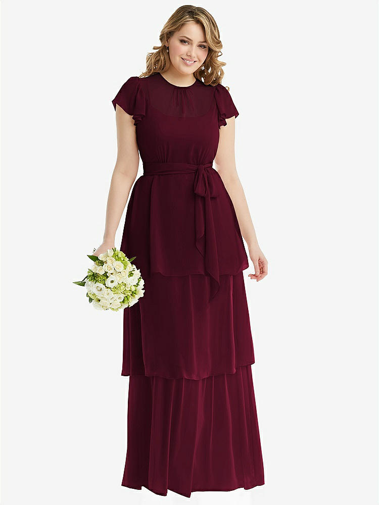 【NEW】【STYLE: 3116】フラッター スリーブ ジュエル 首 シフォン マキシ ドレス ティア ラッフル スカート【COLOR: Cabernet】【SIZE: 00-30W】