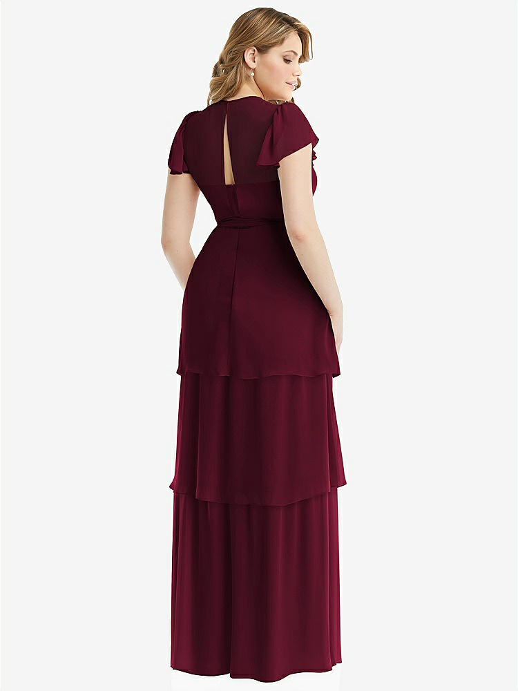 【NEW】【STYLE: 3116】フラッター スリーブ ジュエル 首 シフォン マキシ ドレス ティア ラッフル スカート【COLOR: Cabernet】【SIZE: 00-30W】