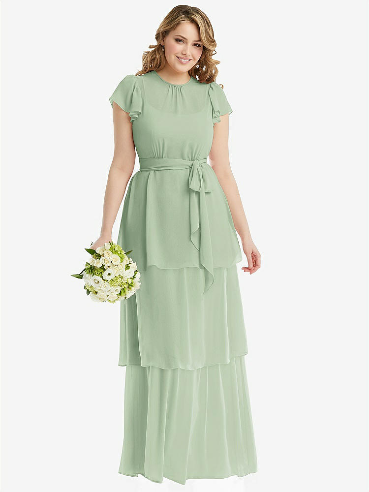 【NEW】【STYLE: 3116】フラッター スリーブ ジュエル 首 シフォン マキシ ドレス ティア ラッフル スカート【COLOR: Celadon】【SIZE: 00-30W】