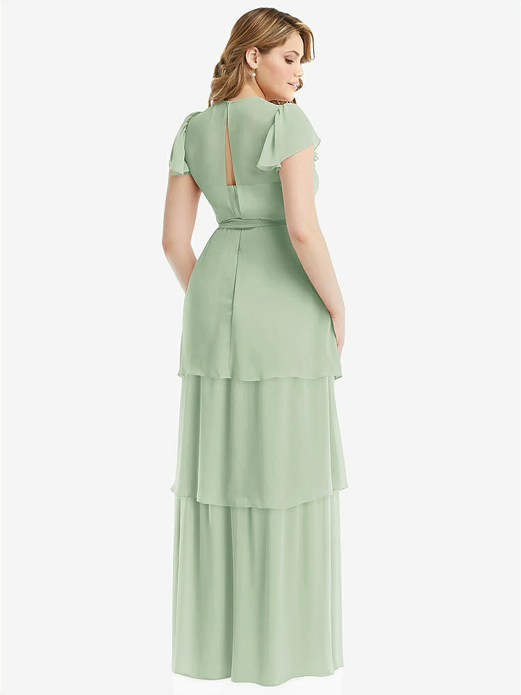 【NEW】【STYLE: 3116】フラッター スリーブ ジュエル 首 シフォン マキシ ドレス ティア ラッフル スカート【COLOR: Celadon】【SIZE: 00-30W】