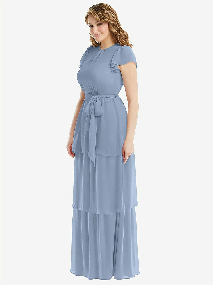 【NEW】【STYLE: 3116】フラッター スリーブ ジュエル 首 シフォン マキシ ドレス ティア ラッフル スカート【COLOR: Cloudy】【SIZE: 00-30W】