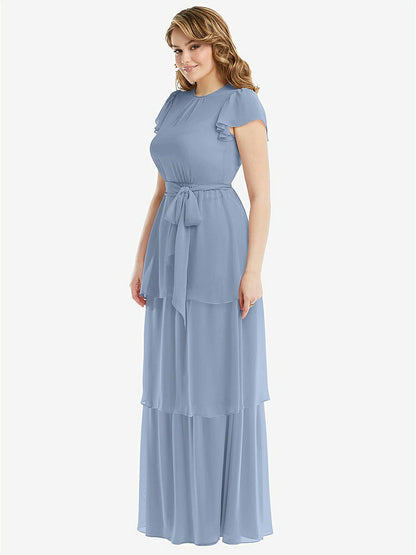 【NEW】【STYLE: 3116】フラッター スリーブ ジュエル 首 シフォン マキシ ドレス ティア ラッフル スカート【COLOR: Cloudy】【SIZE: 00-30W】