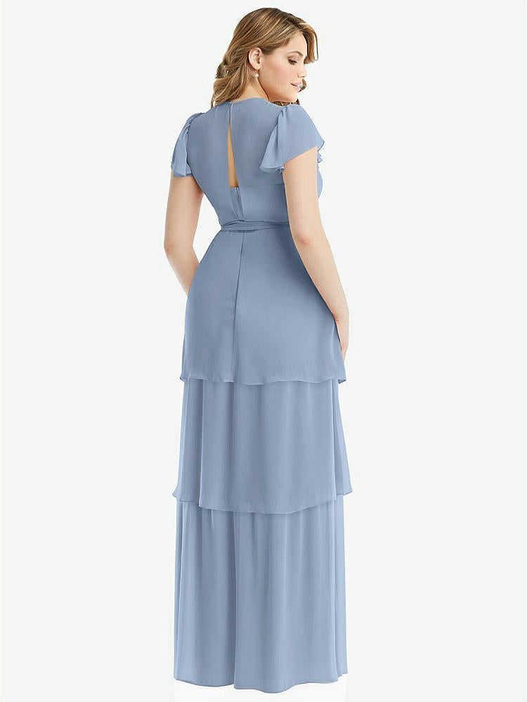 【NEW】【STYLE: 3116】フラッター スリーブ ジュエル 首 シフォン マキシ ドレス ティア ラッフル スカート【COLOR: Cloudy】【SIZE: 00-30W】