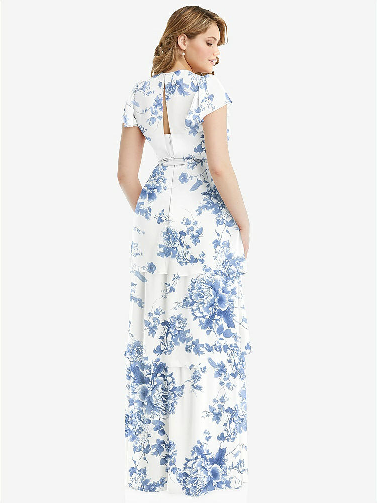 【STYLE: 3116】Flutter Sleeve Jewel Neck Chiffon Maxi Dress with Tiered Ruffle Skirt【COLOR: Cottage Rose Dusk Blue】