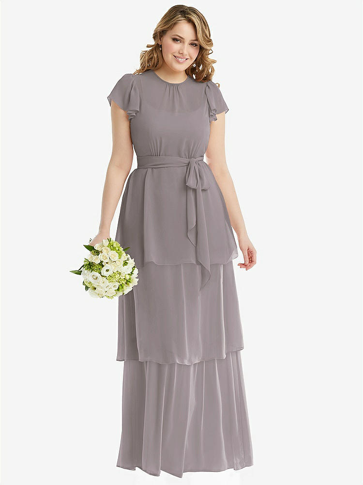 【NEW】【STYLE: 3116】フラッター スリーブ ジュエル 首 シフォン マキシ ドレス ティア ラッフル スカート【COLOR: Cashmere Gray】【SIZE: 00-30W】