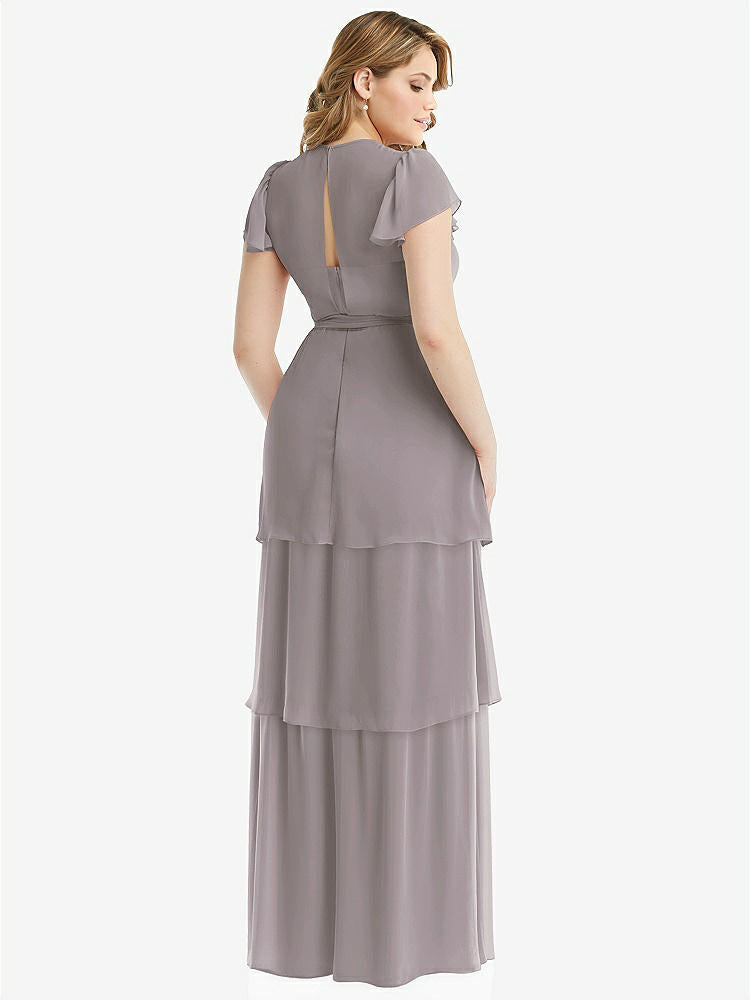 【NEW】【STYLE: 3116】フラッター スリーブ ジュエル 首 シフォン マキシ ドレス ティア ラッフル スカート【COLOR: Cashmere Gray】【SIZE: 00-30W】